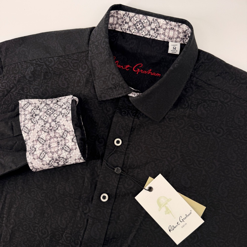 Robert Graham Windsor Shirt Mens Medium Black Paisley Jacquard Classic Fit